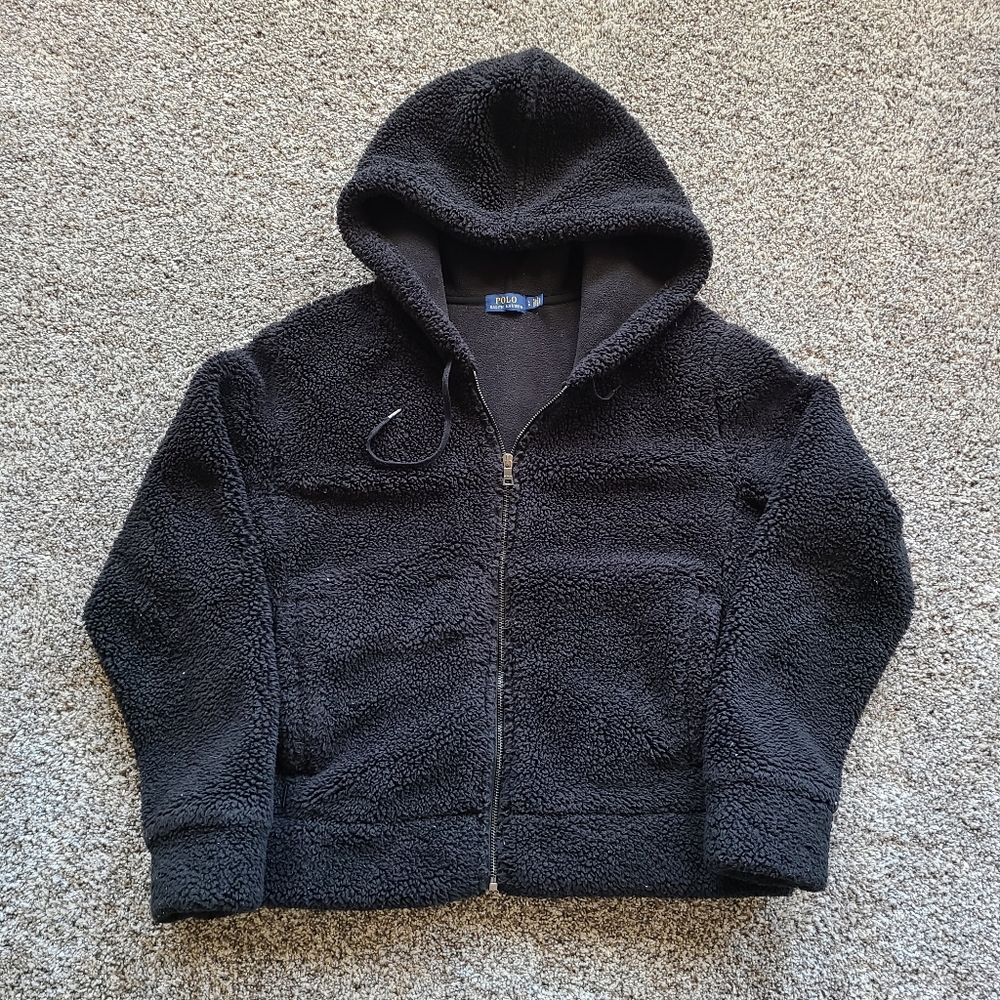 Polo Ralph Lauren Full Zip Sherpa Fleece Hoodie Jacket Black Fuzzy Large PRL